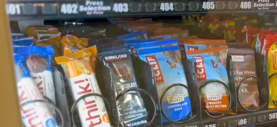 Healthy vending options including protein bars and nutritious snacks