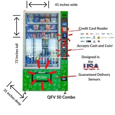 Quick Fresh Vending QFV 50 combo vending machine showcasing dual compartments for snacks and drinks, with dimensions and payment system details.