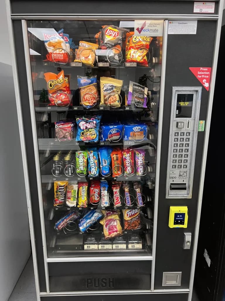 Snack vending machine in a warehouse